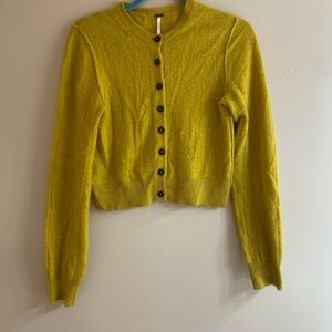100% Cashmere Free People Mustard Button-Up Cropped Cardigan